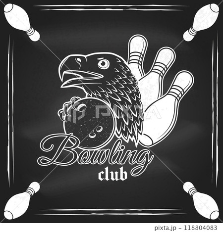 Bowling sports club logo, badge design on the chalkboard. Vintage design with eagle and bowling ball silhouette. Vector. Bowling sports club logo, badge design on the chalkboard. Vintage design with eagle and bowling ball silhouette. Vector. 118804083