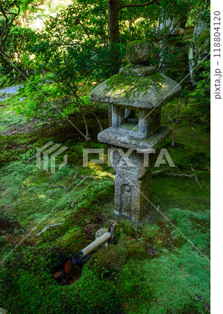 路地の苔の生えたキリシタン灯籠 118804120