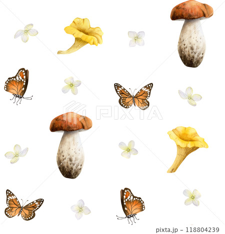 Forest edible mushrooms with orange monarch butterflies and white Hydrangea flowers watercolor seamless pattern. Boletus and golden chanterelles with fall flying insects background in yellow and brown Forest edible mushrooms with orange monarch butterflies and white Hydrangea flowers watercolor seamless pattern. Boletus and golden chanterelles with fall flying insects background in yellow and brown 118804239