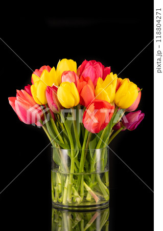 Large colorful bouquet of tulips in big glass vase in front of black background Large colorful bouquet of tulips in big glass vase in front of black background 118804271