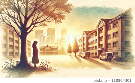 水彩風.心に残る風景.想い出の風景の中の少女のシルエット 118804301