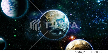 Earth and galaxies in space. Design fantasy. Blue Sunrise.Elements of this image furnished by NASA. 118804360