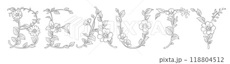 お花のスケッチ風、デザイン文字で作ったBEAUTY。ベクター素材。 118804512