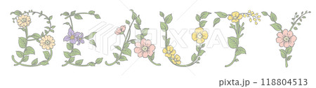 お花のスケッチ風、デザイン文字で作ったBEAUTY。ベクター素材。 118804513