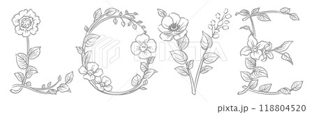 お花のスケッチ風、デザイン文字で作ったLOVE。ベクター素材。 お花のスケッチ風、デザイン文字で作ったLOVE。ベクター素材。 118804520