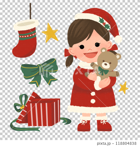 Hand drawn illustration of a girl dressed as Santa receiving a Christmas gift 118804838