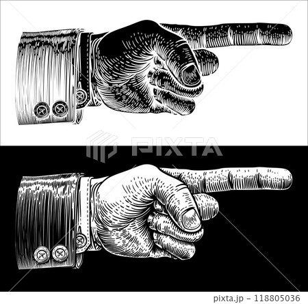 Hand Pointing Finger Etched Vintage Woodcut Style Hand Pointing Finger Etched Vintage Woodcut Style 118805036