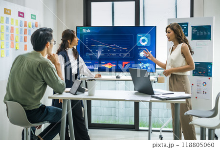 asian worman leader presenting a financial data and strategies in a modern office with charts and graphs displayed on a large screen 118805060