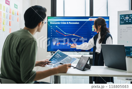 team of finance  get stress when analyzing economic crisis data and recession impacts during meeting in a office 118805083
