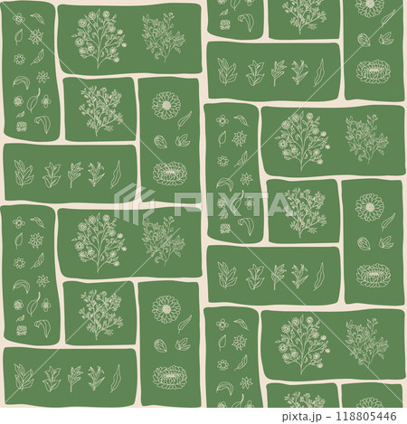 Patchwork seamless pattern with various floral and botanical elements arranged in rectangular Patchwork seamless pattern with various floral and botanical elements arranged in rectangular 118805446