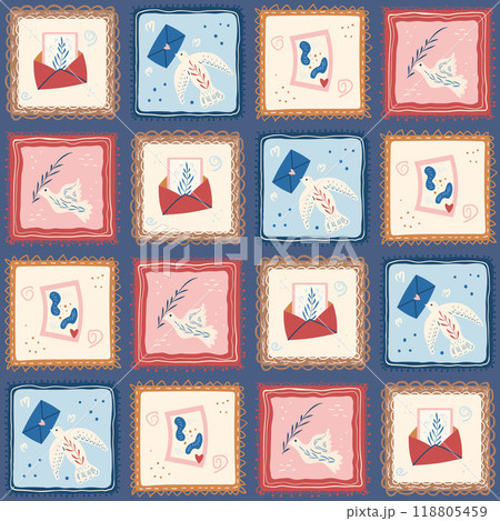 Carrier pigeon patchwork seamless pattern. Birds with lettres quilted endless background. Surface 118805459