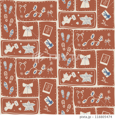 Seamless pattern with festive holiday elements. Doves, snowflakes, candles and gifts in blue and 118805474