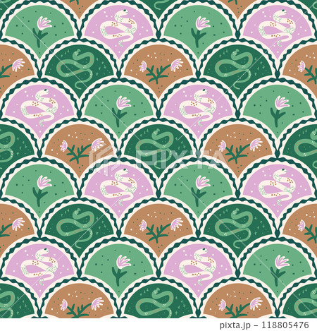 Snakes scallop seamless pattern. Reptiles and flowers arch repeat background. Animal surface pattern 118805476