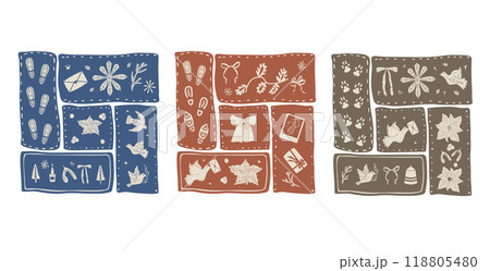 Festive holiday elements, including doves, snowflakes, and gifts, in blue, red, and brown color Festive holiday elements, including doves, snowflakes, and gifts, in blue, red, and brown color 118805480