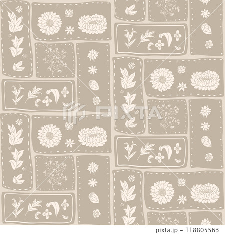 Neutral-toned patchwork seamless pattern with floral and botanical elements arranged in rectangular 118805563