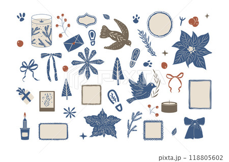 Set of Winter festive elements. Christmas-themed poinsettias, doves, candles, gifts and frames Set of Winter festive elements. Christmas-themed poinsettias, doves, candles, gifts and frames 118805602