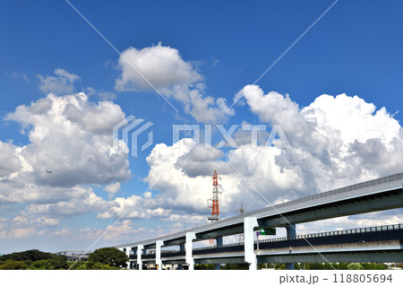 寒川の川とのふれあい公園と圏央道と入道雲 118805694