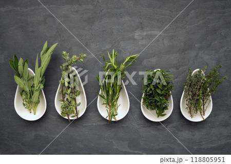 Fresh herbs in small white porcelain bowls on a black slate plate Fresh herbs in small white porcelain bowls on a black slate plate 118805951