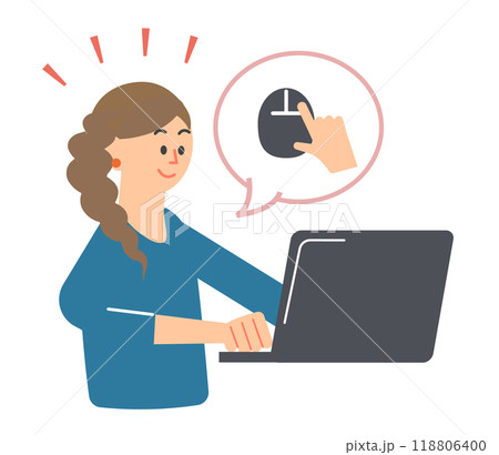 ノートパソコンを使って、マウスをクリックしている女性のイラスト ノートパソコンを使って、マウスをクリックしている女性のイラスト 118806400