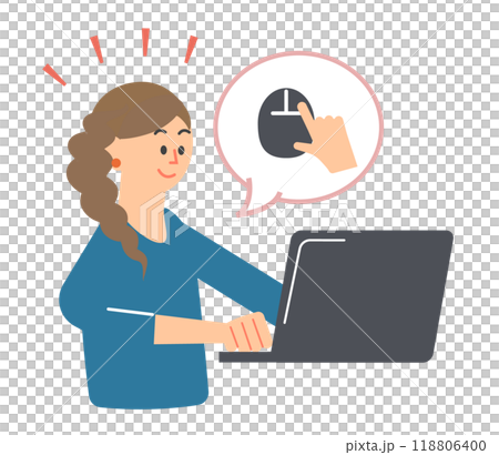 ノートパソコンを使って、マウスをクリックしている女性のイラスト ノートパソコンを使って、マウスをクリックしている女性のイラスト 118806400