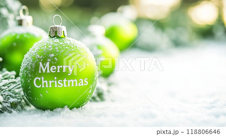 Green Christmas Ornaments in Snowy Winter Setting. High quality photo 118806646