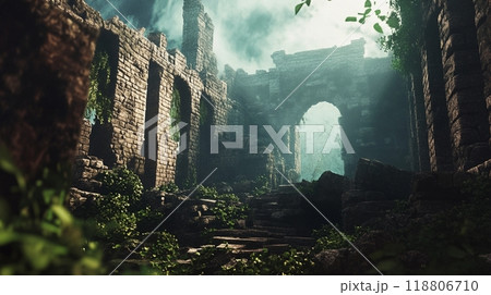 緑に覆われた古代の石造り遺跡 118806710