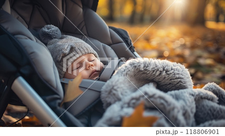 Sleeping Baby in a Stroller During Fall: Cozy Autumn Vibes. High quality photo 118806901
