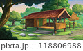 Illustration of a small hut in the garden next to the house. 118806988