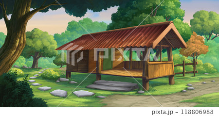 Illustration of a small hut in the garden next to the house. 118806988