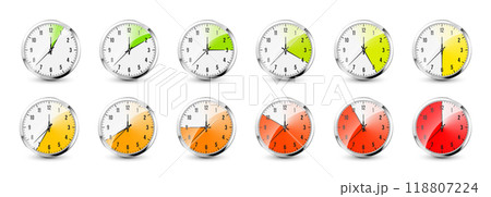 Wall clock, stopwatch icons. Shiny metal chronometer, time counter with dial. Colorful countdown timer showing minutes and seconds. Time measurement for sport, start and finish. Vector illustration Wall clock, stopwatch icons. Shiny metal chronometer, time counter with dial. Colorful countdown timer showing minutes and seconds. Time measurement for sport, start and finish. Vector illustration 118807224