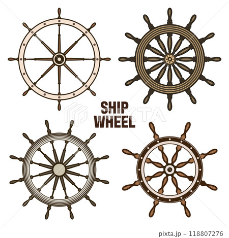 Wooden vintage steering wheels. Ship, sailboat or yacht retro wheel symbol. Brown nautical rudder icon. Marine logotype design element. Vector illustration 118807276