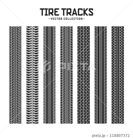 Tire tracks, wheel braking marks. Truck, car or motorcycle tread pattern silhouettes. Auto race, motorsport, speed racing design element. Vector illustration Tire tracks, wheel braking marks. Truck, car or motorcycle tread pattern silhouettes. Auto race, motorsport, speed racing design element. Vector illustration 118807372