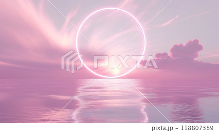 Pink Neon Circles Over Reflective Ocean atのイラスト素材