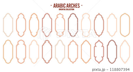 Islamic frames, oriental style objects. Arabic shapes, windows and arches. Traditional ornamental banner, frame. Muslim holidays, Ramadan Kareem. Modern eastern architecture. Vector illustration 118807394