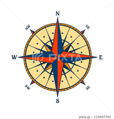 Vintage marine wind rose, nautical chart. Colorful navigational compass with cardinal directions of North, East, South, West. Geographical position, cartography and navigation. Vector illustration 118807502