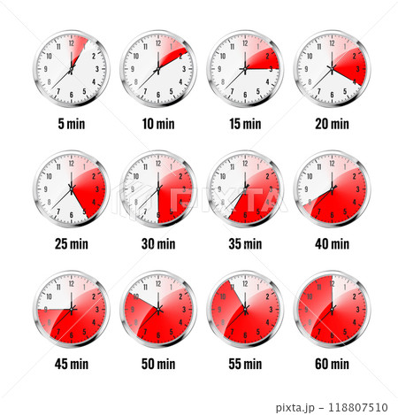 Wall clock, stopwatch icons. Shiny metal chronometer, time counter with dial. Red countdown timer showing minutes and seconds. Time measurement for sport, start and finish. Vector illustration 118807510