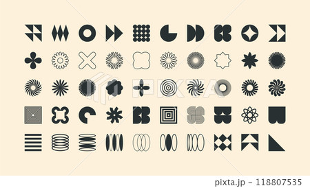 Brutalist geometric shapes, modern symbols. Simple primitive elements and forms. Retro design, trendy contemporary minimalist style, y2k. Vector illustration Brutalist geometric shapes, modern symbols. Simple primitive elements and forms. Retro design, trendy contemporary minimalist style, y2k. Vector illustration 118807535