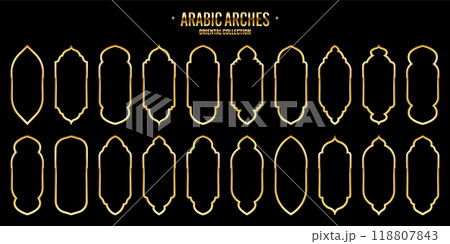 Islamic frames, oriental style. Golden arabic shapes, windows and arches. Traditional ornamental banner, frame. Muslim holidays, Ramadan Kareem. Modern eastern architecture. Vector illustration 118807843