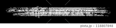 Grunge tire track, wheel braking marks. White truck, car or motorcycle tread pattern silhouette. Auto race, motorsport, speed racing design element. Vector illustration 118807848
