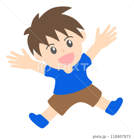 笑顔でジャンプして喜ぶ男の子のイラスト素材 118807873