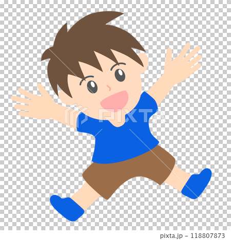 笑顔でジャンプして喜ぶ男の子のイラスト素材 118807873
