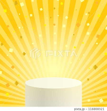 紙吹雪と円柱ステージのある黄色の集中線背景 118808321