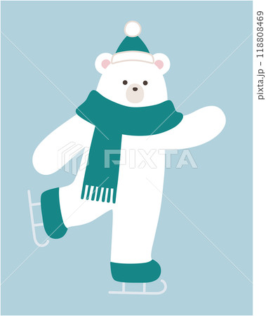 スケートをする白熊のベクターイラスト。冬、マフラー、帽子、シロクマ、ホッキョクグマ、クリスマス 118808469