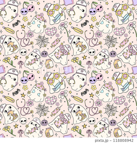 Groovy Retro Halloween Ghost Nurse Seamless pattern Cute Doodle Cartoon repeat background 118808942