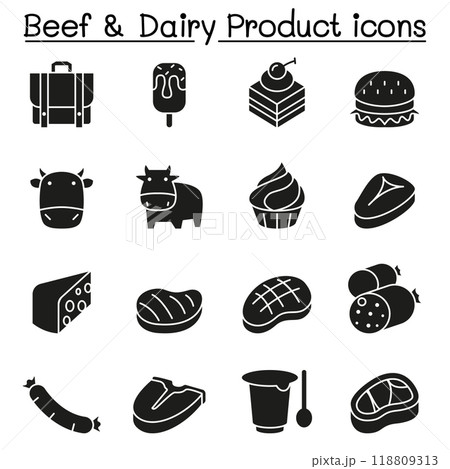 Beef & Dairy Products icon set in glyph style 118809313