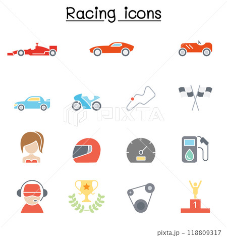 Racing icon set in flat color style 118809317