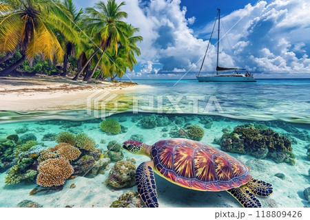Tropical beach and coral reef fish underwater 118809426
