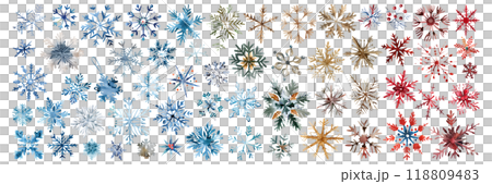 Set of isolated cute snowflakes in vivid hand painted watercolor painting on a transparent background for ornamental Christmas and New Year celebration party decoration elements. AI generated. 118809483