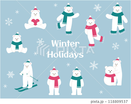冬の白熊のベクターイラスト。シロクマ、マフラー、帽子、スキー、スケート、クリスマス 118809537