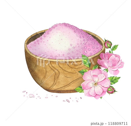 Wooden mortar with pink sea salt. Hand drawn watercolor illustration Wooden mortar with pink sea salt. Hand drawn watercolor illustration 118809711